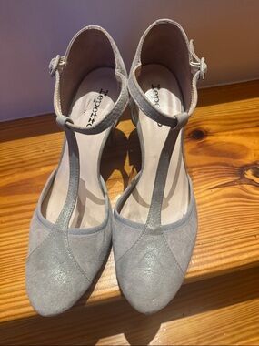 Repetto Gray Suede T-Strap Heels with Ankle Buckle